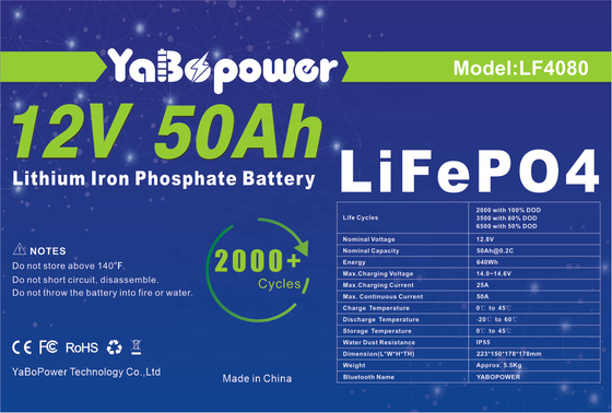 بسته باتری قابل شارژ 12 ولت 50 ساعت Lifepo4 2000 چرخه عمیق