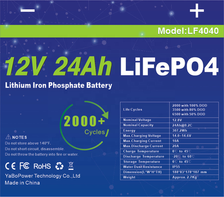 باتری 24 آمپر ساعتی 12 ولت Lifepo4 لیتیوم IP55 ضد آب